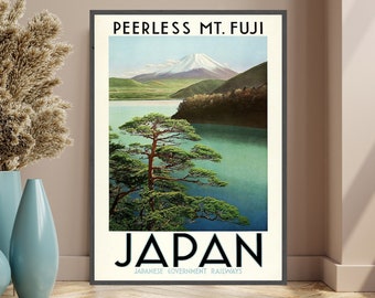 Cartel de viaje de Japón Monte Fuji sin igual, impresión del monte Fuji, arte japonés, viaje en tren japonés, arte de pared, volcán Fuji, decoración del hogar