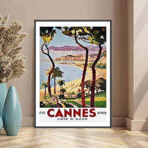 Cartel de viaje vintage de Cannes Côte d Azur, cartel de la Riviera francesa, viajes de Cannes, impresión de arte retro, vacaciones en el sur de Francia, arte de pared, playas