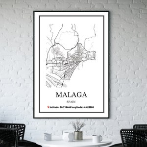 Malaga Map, Malaga Carte, Malaga City, Malaga Map Poster, Spain City, City Map Print, Black And White Map, Spain, Spain Print