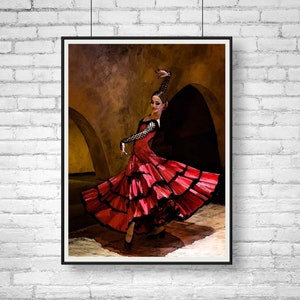 Cartel de bailarina de flamenco, bailarina en vestido rojo negro, impresión de acuarela, baile flamenco español, arte flamenco, arte de pared, baile español, gitana