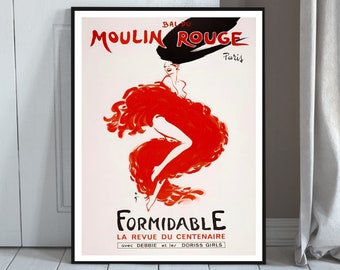 Moulin Rouge Formidable Ad Poster, Bal Du Moulin Rouge, Paris nightlife, can can dancer, theater show, Vintage cabaret