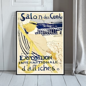 Póster Salon des Cent 1896, Henri de Toulouse-Lautrec, París, mujer en silla de playa con gran sombrero, estampado premium colores amarillo y azul