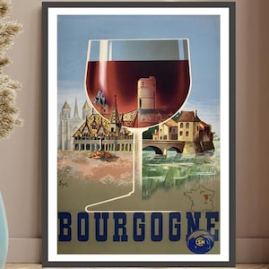 France Bourgogne Travel Poster, Wine advertisement print, restaurant bar decor, winelovers