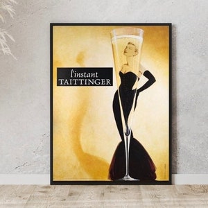 Champagne Art L'instant taittinger Patrick Arlet, Vintage Food & Drink Poster, Alcohol Print, Bar Decor, Paris Wall Art, Mancave