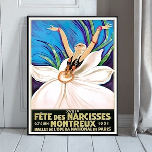 Pariser Ballett L'Opera National, Schweiz Narzissenfestival-Werbeplakat 1931, weiße Narzissenfrau, Montreux-Plakat