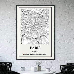 Mapa miasta Paryża, karta Paryża, miasto Paryż, plakat mapy Paryża, miasto Francja, druk mapy miasta, czarno-biała mapa, Francja, druk