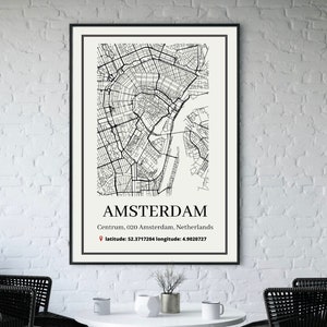 Impression d'affiche de carte d'Amsterdam, ville d'Amsterdam, impression de Hollande, affiche de carte d'Amsterdam, Amsterdam, carte noire et blanche, carte d'Amsterdam, Pays-Bas
