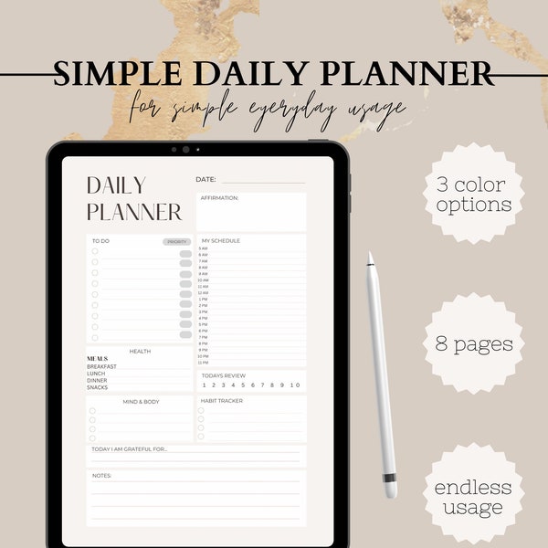 Einfacher digitaler Planer, GoodNotes Planner, Tagesplaner für iPad, Tagesplaner Wochenplaner, Undatierter iPad Planner, Notability Planner