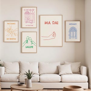Italian Gesture Gallery Wall Art Set van 5, grappige krabbelschetsposters, keukenafdrukken slaapzaal, Italiaanse galerieafdrukken, Italiaanse wanddecoratie