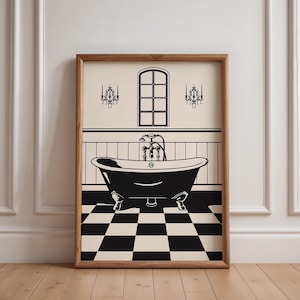 May include: A black and white illustration of a bathtub with a faucet and two chandeliers on a black and white checkered floor.