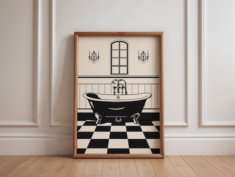 May include: A black and white illustration of a bathtub with a faucet and two chandeliers on a black and white checkered floor.