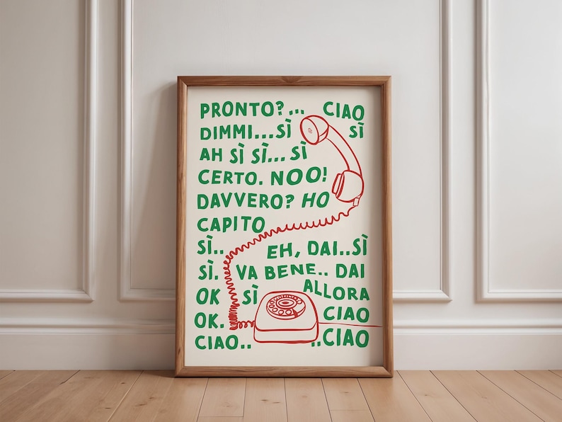 May include: A white poster with green and red text and a red illustration of a rotary phone. The text reads "PRONTO?... CIAO DIMMI...SI AH S&Igrave; SI... SI CERTO. NOO! DAVVERO? HO CAPITO SI... EH, DAI..SI SI. VA BENE.. DAI OK SI ALLORA OK. CIAO.. CIAO CIAO"