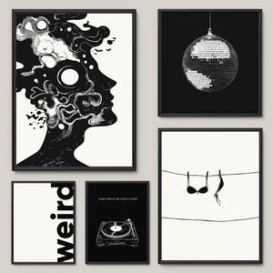 Gallery Wall Set of 5 prints Maximalist Wall Art Black & White Decor Printable Funky Wall Art Quirky Home Decor Dorm Wall Art Trendy Vintage
