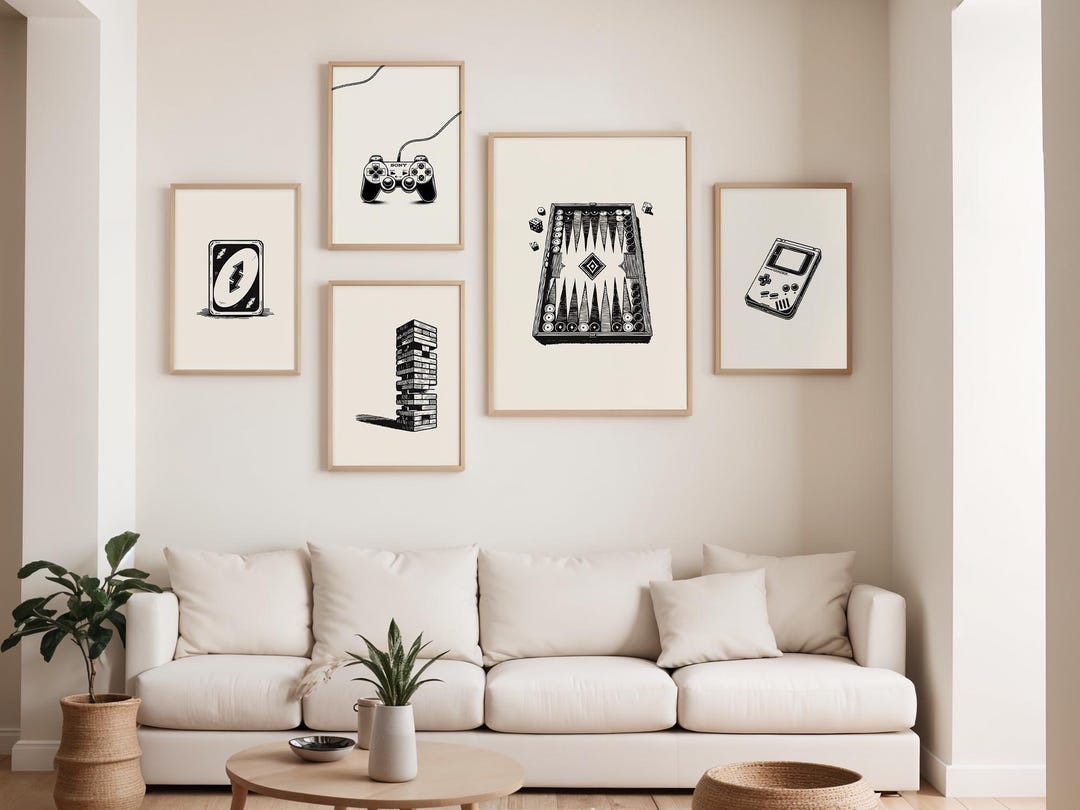 Black and White Vintage Board Game Wall Art Set of 5, Game Room Decor ...