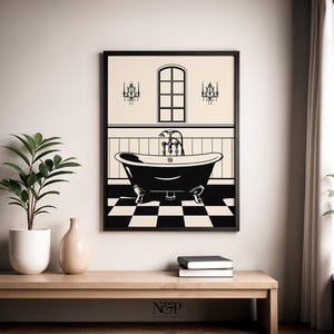 May include: Black and white illustration of a bathroom with a bathtub, a window, and two chandeliers. The floor is a black and white checkered pattern.