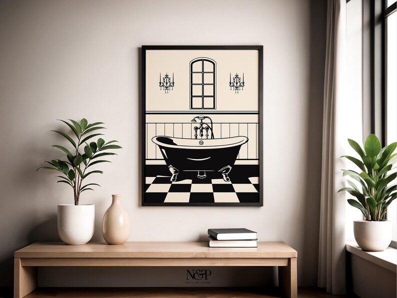 May include: Black and white illustration of a bathroom with a bathtub, a window, and two chandeliers. The floor is a black and white checkered pattern.