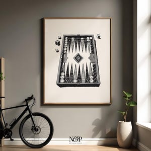 May include: A black and white illustration of a backgammon board with dice and pieces. The board is set up for play and the dice are scattered around the board.