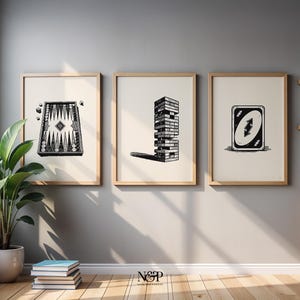 Black and White Vintage Board Game Wall Art Set of 3, Game Room Decor ...