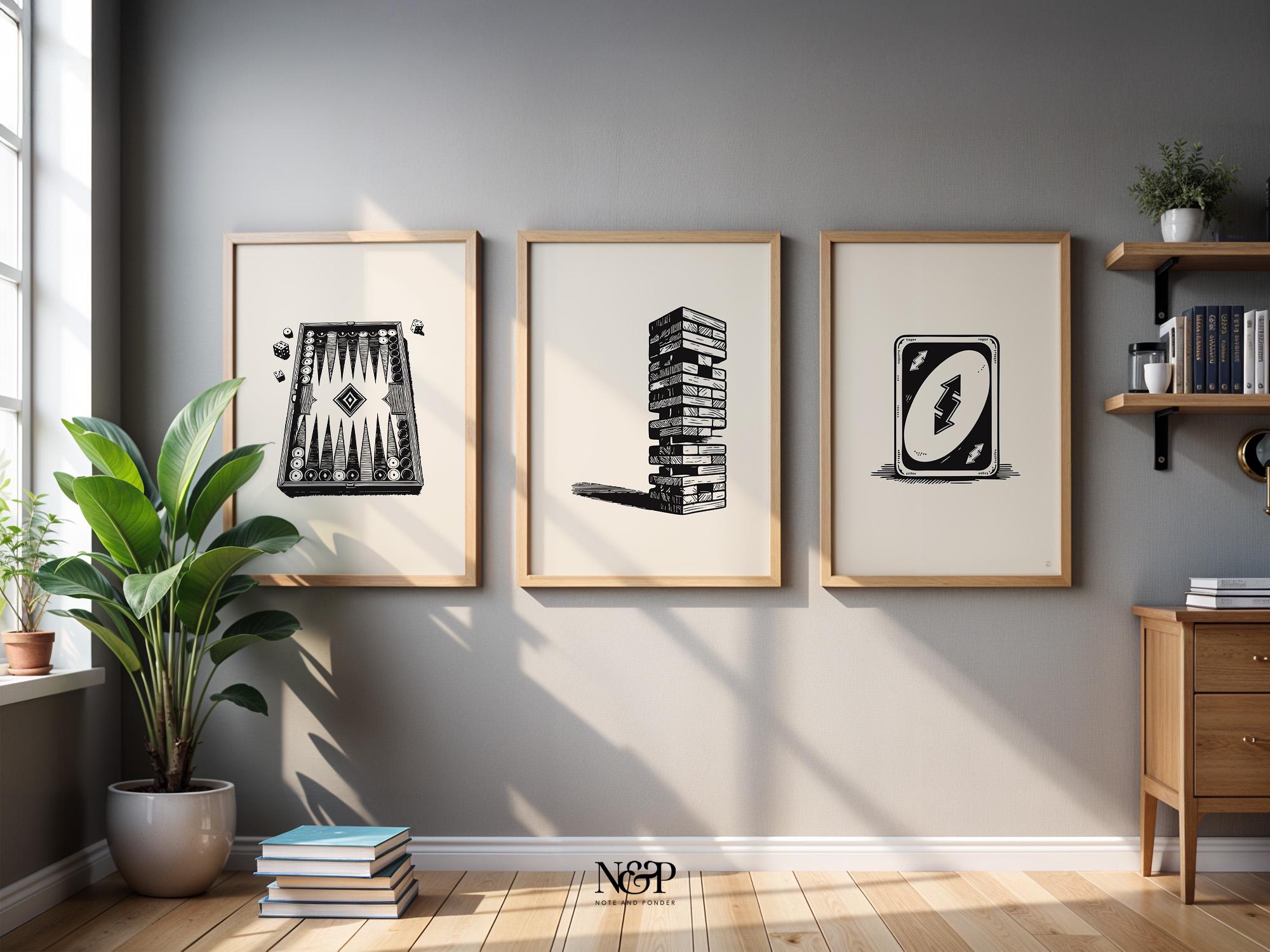 Black and White Vintage Board Game Wall Art Set of 3, Game Room Decor ...