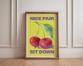 Funny Bathroom Wall Art for Guest Toilet | Cherry Humor Print for AirBnB Sign, Quirky Red Yellow Housewarming Gift (Digital Download)