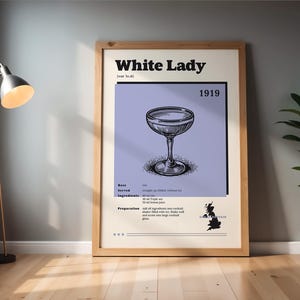 Wydrukuj Vintage White Lady Wydrukuj Przepis na Koktajl Sztuka Ścienna Retro Bar Decor Retro Drink Bar Cart Sztuka Ścienna Plakat Kuchenny Prezent Barmana