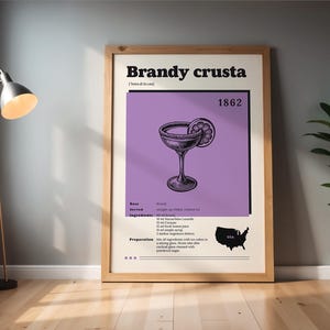 Wydrukuj Vintage Brandy Crusta Print, Przepis na koktajle Sztuka ścienna, Dekoracja wózka barowego w stylu retro, Plakat miksologiczny, Wydruk napoju kuchennego, Prezent dla barmana