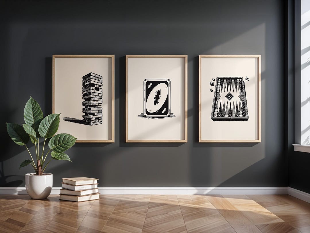 Black and White Vintage Board Game Wall Art Set of 3, Game Room Decor ...