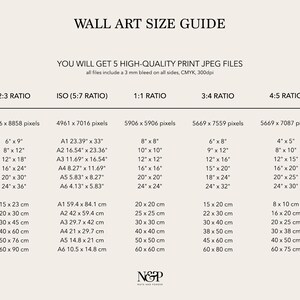 May include: A wall art size guide with five different aspect ratios: 2:3, ISO (5:7), 1:1, 3:4, and 4:5. The guide shows the corresponding pixel dimensions, inch and centimeter measurements for each ratio.