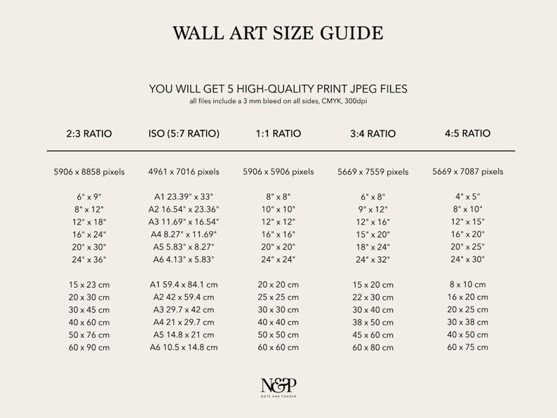 May include: A wall art size guide with five different aspect ratios: 2:3, ISO (5:7), 1:1, 3:4, and 4:5. The guide shows the corresponding pixel dimensions, inch and centimeter measurements for each ratio.