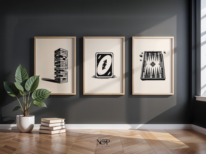 Black and White Vintage Board Game Wall Art Set of 5, Game Room Decor ...