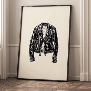 Art mural rétro avec veste en cuir, illustration de mode noir et blanc, impression de veste motard, décoration d'appartement de l'an 2000, Art grunge, décoration d'intérieur vintage