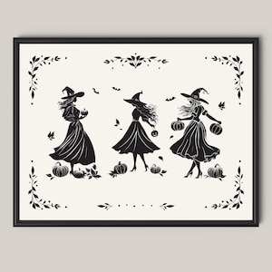 Vintage Witch Girl Poster Printable Retro Witchy Wall Art Black and White Halloween Decor, Three Witches Painting Digitale Vintage Wall Art