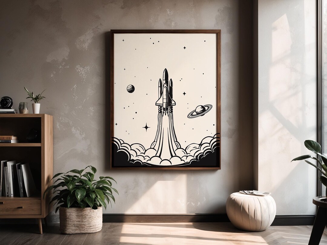 Space Wall Art Printable Retro Rocket Poster Vintage Spaceship Decor ...