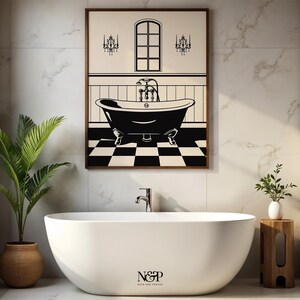 May include: A black and white illustration of a bathtub with a window and two chandeliers above it. The bathtub is on a black and white checkered floor. The illustration is framed in a brown frame.