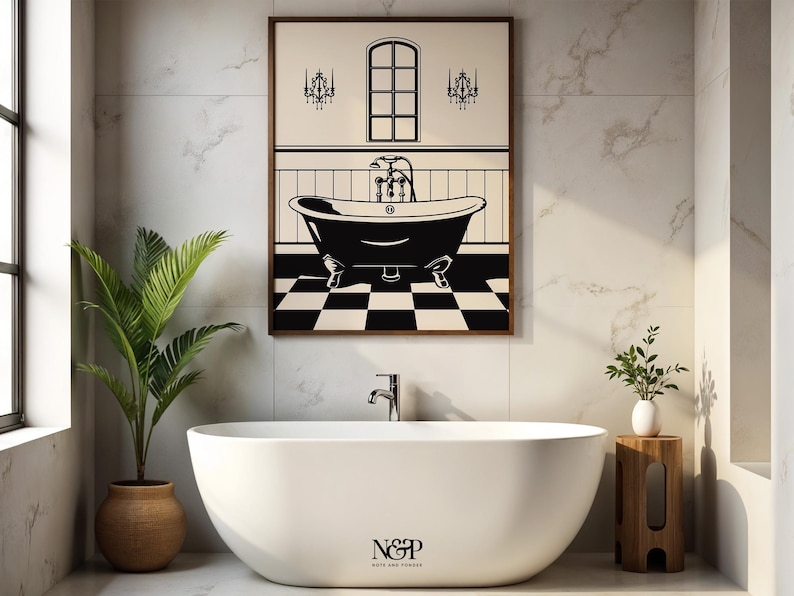 May include: A black and white illustration of a bathtub with a window and two chandeliers above it. The bathtub is on a black and white checkered floor. The illustration is framed in a brown frame.