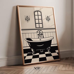 May include: A black and white illustration of a bathroom with a clawfoot bathtub, a window, and two chandeliers. The floor is a black and white checkered pattern.