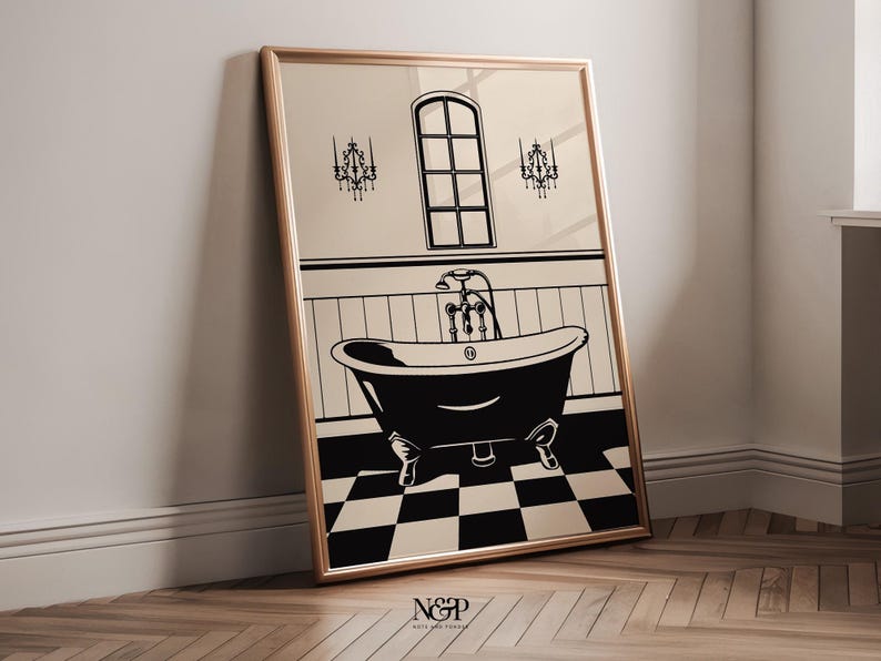 May include: A black and white illustration of a bathroom with a clawfoot bathtub, a window, and two chandeliers. The floor is a black and white checkered pattern.