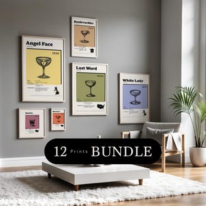 Wydrukuj galerię przepisów na koktajle vintage wydruk ścienny 12, zestaw dekoracji retro baru, plakat kuchenny w stylu mid-century modern, prezent dla barmana