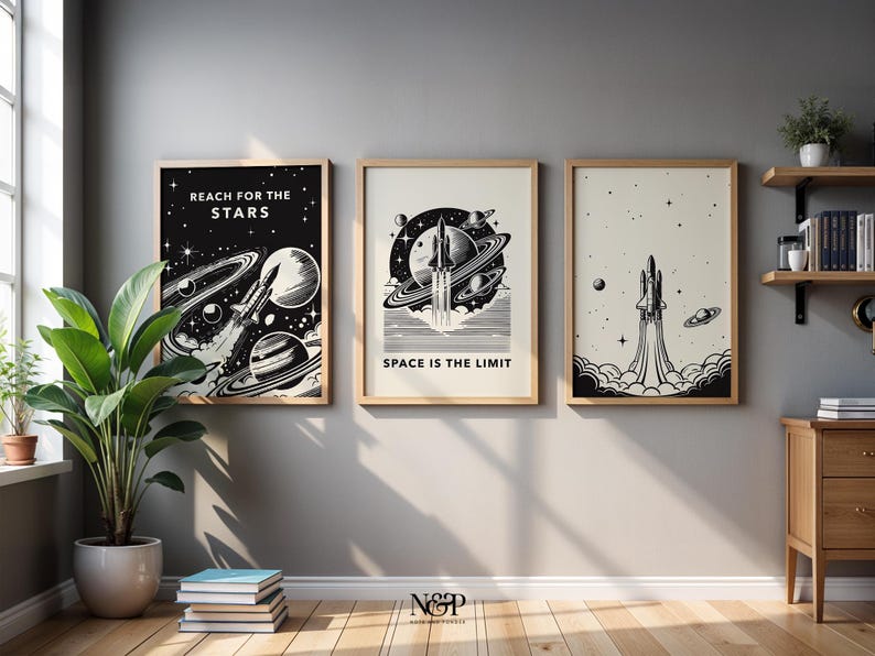 Space Wall Art Gallery Set of 3 Prints Retro Rocket Poster Vintage ...