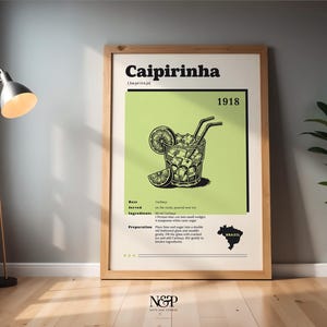 Wydrukuj Vintage Caipirinha Cocktail Recipe Wall Art Bar Decor Brazylijski plakat z drinkiem Klasyczny przepis na drinka Dekoracja kuchni Prezent dla barmana