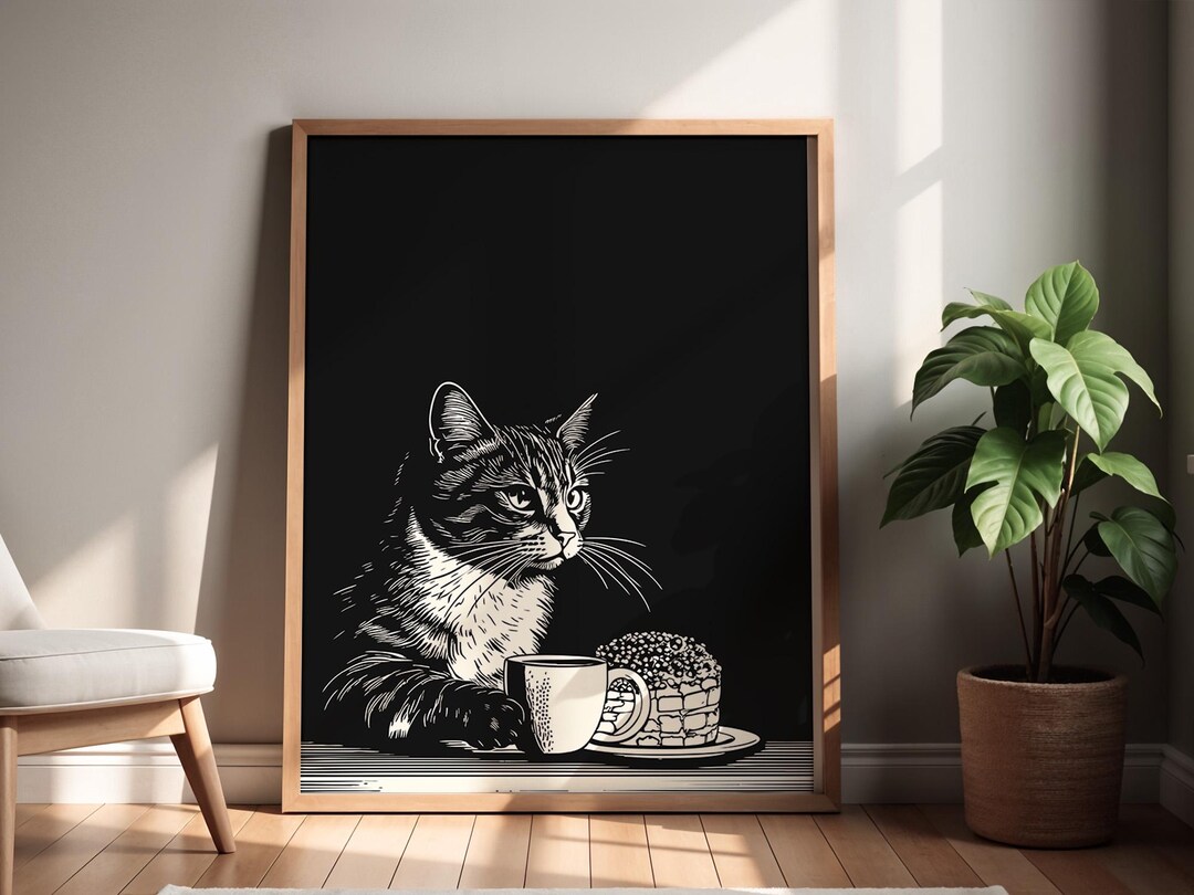 Printable Black and White Cat Art Weird Cuteness Illustration Wall ...