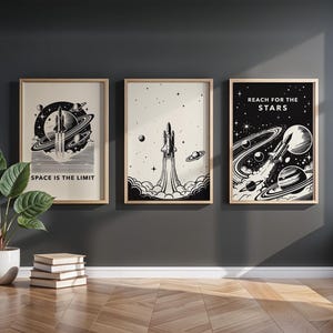 May include: Three black and white illustrations of spaceships in space. The first illustration says "Space is the limit". The second illustration has stars in the background. The third illustration says "Reach for the stars".