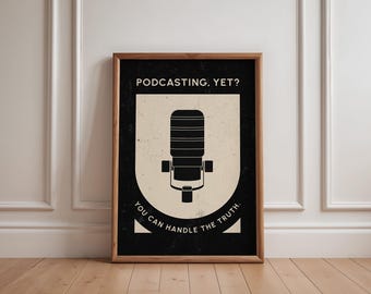 Póster de podcast vintage imprimible, arte de pared con micrófono retro para podcasters, póster de estudio creativo, regalo para entusiastas de los podcasts, decoración de dormitorio