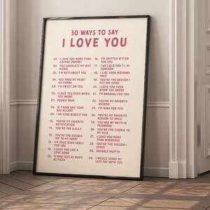 Ik hou van jou print digitaal moeder cadeau verjaardagscadeau voor vriend man vrouw vriendin romantische muurkunst roze manieren om te zeggen poster print