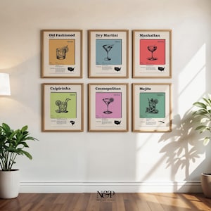 Zestaw 6 plakatów Vintage Cocktail Print z kolekcji Mid-Century Modern Bar Cart Gallery Wall Set do pobrania cyfrowego Retro Cocktail Posters Drinks Wall Decor
