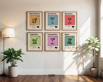 Vintage Cocktail Print Set of 6 Mid-Century Modern Bar Cart Gallery Wall Set Digital Download Retro Cocktail Posters Drinks Wall Decor
