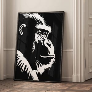 Printable Gorilla Wall Art Jungle Animal Print Modern Black and White Decor, Maximalist Decor, Mens Wall Art, Block Print Style Jungle Print