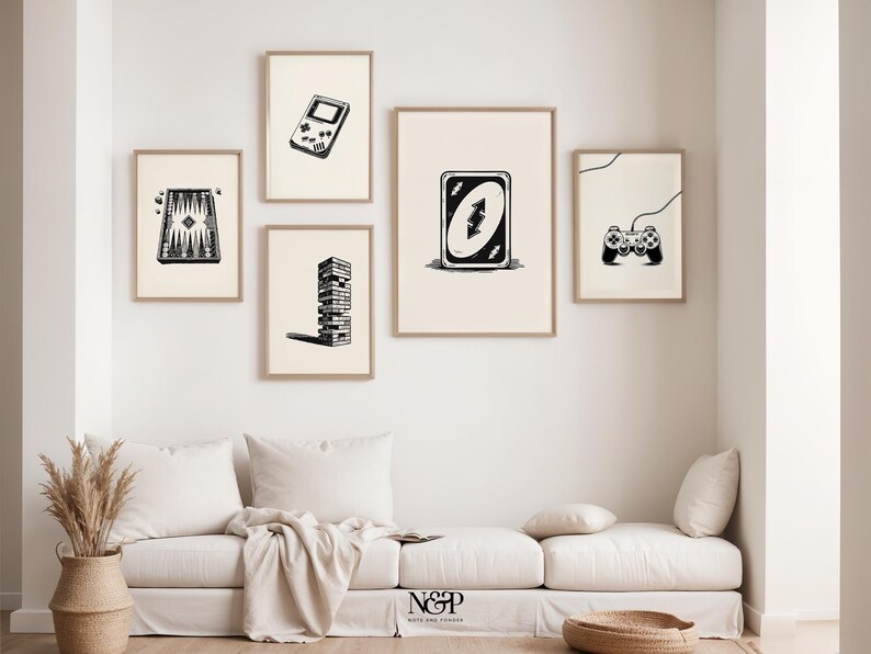 Black and White Vintage Board Game Wall Art Set of 5, Game Room Decor ...