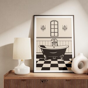 May include: Black and white illustration of a bathroom with a clawfoot bathtub, a window, and two chandeliers. The floor is a black and white checkered pattern.