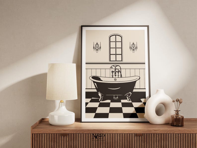 May include: Black and white illustration of a bathroom with a clawfoot bathtub, a window, and two chandeliers. The floor is a black and white checkered pattern.